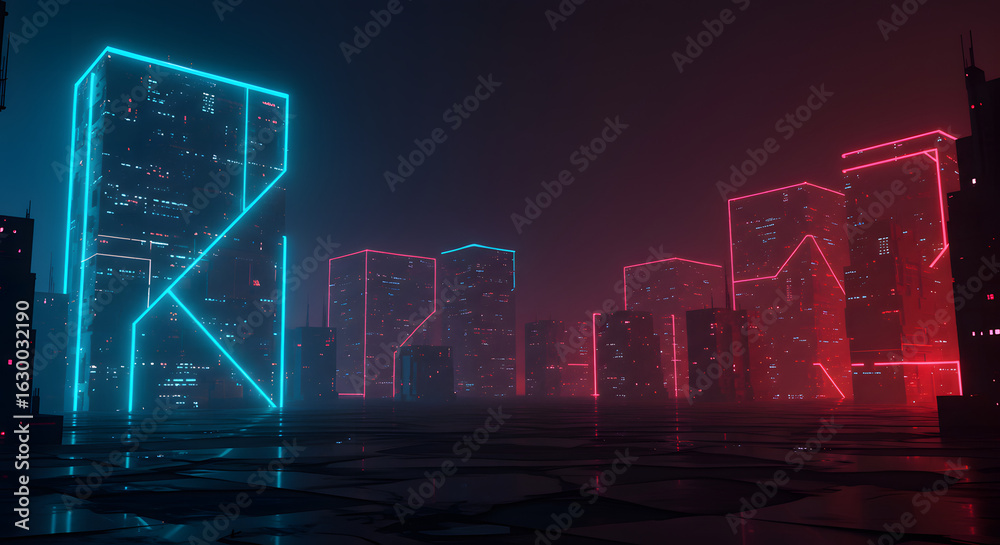 Naklejka premium Cyberpunk city neon lights futuristic cityscape digital art glowing buildings urban landscape design