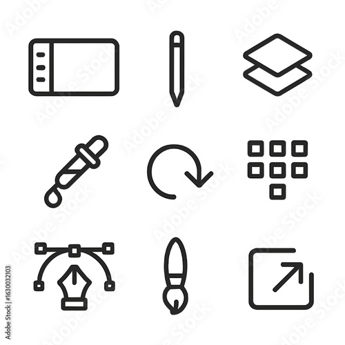 Digital Art Icons. Outline icon set of digital art: graphic tablet, stylus pen, layers icon, color picker, undo button, pixel grid