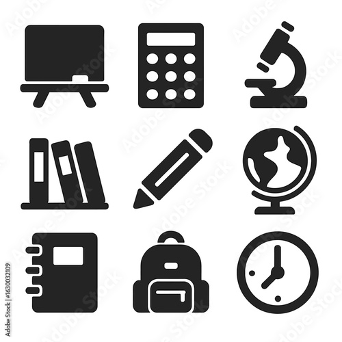 Education Tool Icons. Solid, filled icons set of home schooling and education tools: chalkboard, calculator,