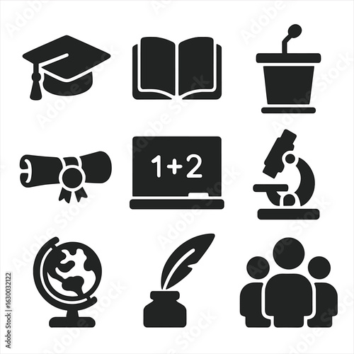 Education Icons Grid. Solid, filled icons set of education and scholarship: graduation cap, open book, lecture