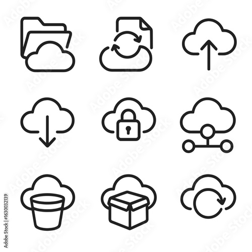 Cloud Icon Set. Outline icon set of cloud storage: cloud folder, file sync icon, upload arrow to cloud, download arrow from cloud,