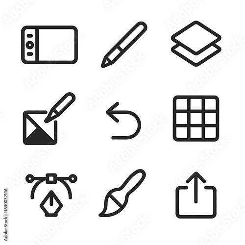 Digital Art Icons. Outline icon set of digital art: graphic tablet, stylus pen, layers icon, color picker, undo button, pixel grid