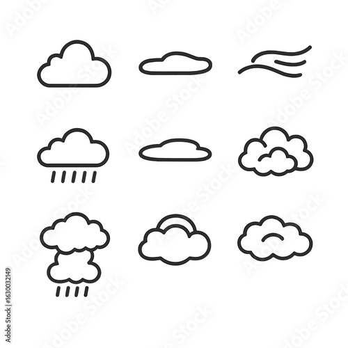 Cloud Icon Set. Outline icon set of cloud types: cumulus, stratus, cirrus, nimbostratus, cumulonimbus, altostratus, altocumulus,