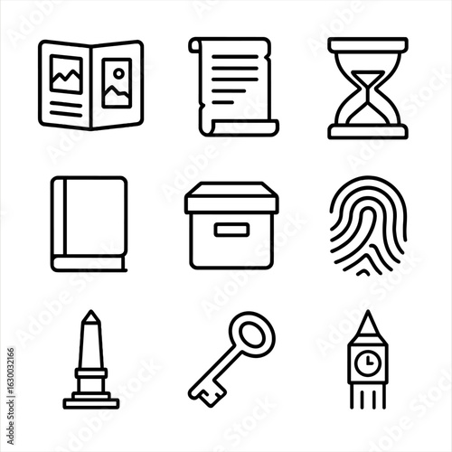 Memory and History Icons. Outline icon set of memory and history: photo album, ancient scroll, hourglass, clock tower, book,