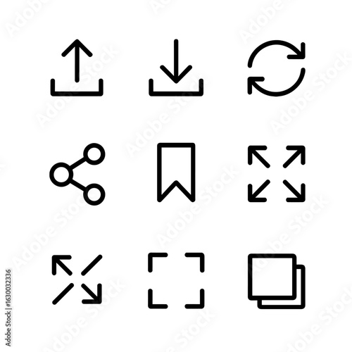 Digital Control Icon Set. Outline icon set of digital control icons: upload button, download button, sync icon, share icon,