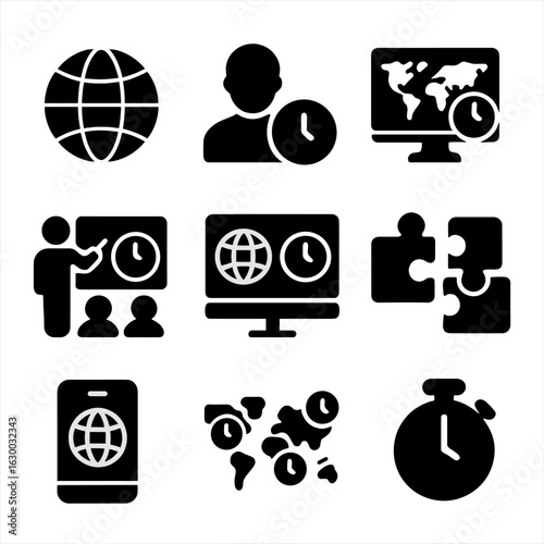 Educational Time Zone Icons. Solid, filled icons set of educational tools about time zones: globe with lines,