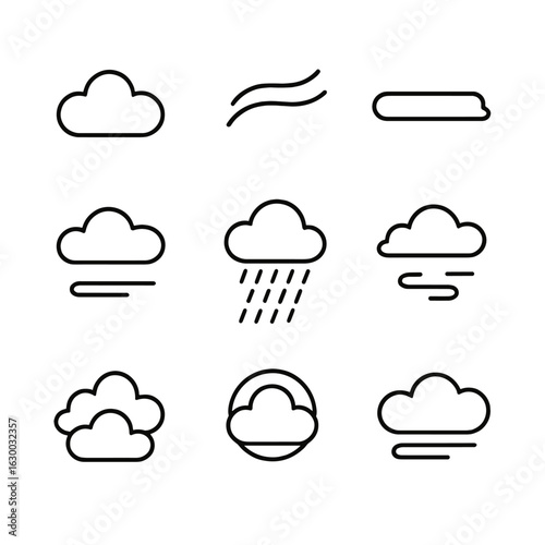 Cloud Types Icons. Outline icon set of cloud types in rain cycle: cumulus, cirrus, stratus, nimbostratus, cumulonimbus,