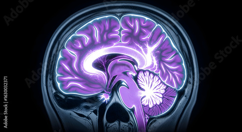 Neuroscience research on brain activity laboratory digital illustration dark environment side view cognitive function exploration