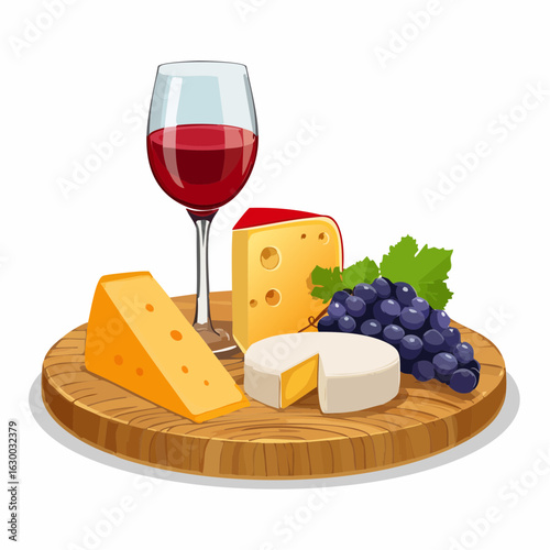 vector illustration, Assorted cheeses with grapes and a glass of red wine on a rustic wooden board