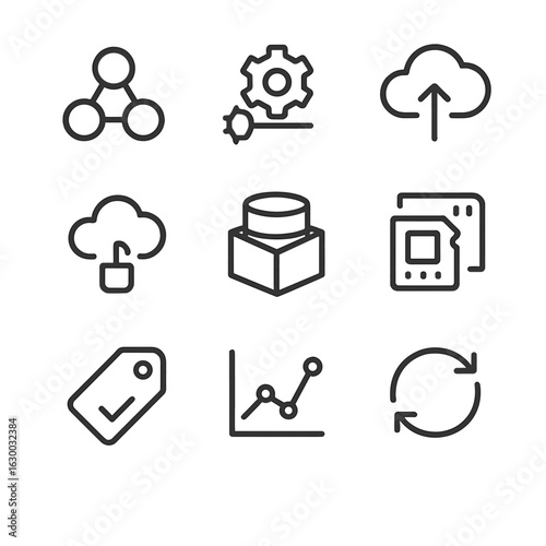 Cloud Icon Set. Outline icon set of cloud storage: cloud folder, file sync icon, upload arrow to cloud, download arrow from cloud,