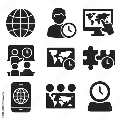 Educational Time Zone Icons. Solid, filled icons set of educational tools about time zones: globe with lines,