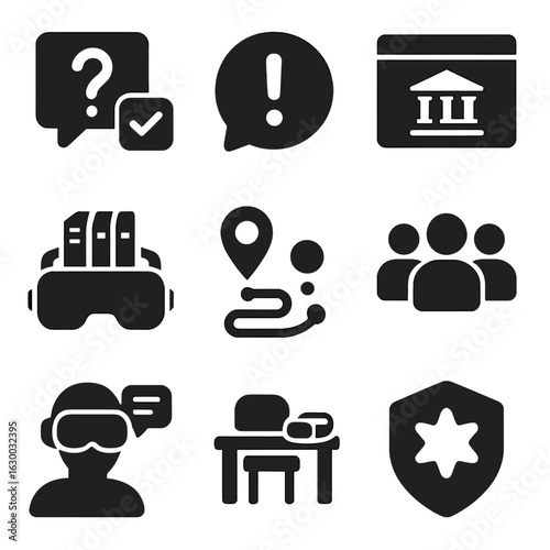 Educational VR Icons. Solid, filled icons set of educational VR city tours: interactive quiz icon, fun fact