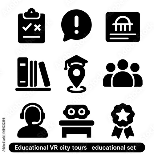 Educational VR Icons. Solid, filled icons set of educational VR city tours: interactive quiz icon, fun fact