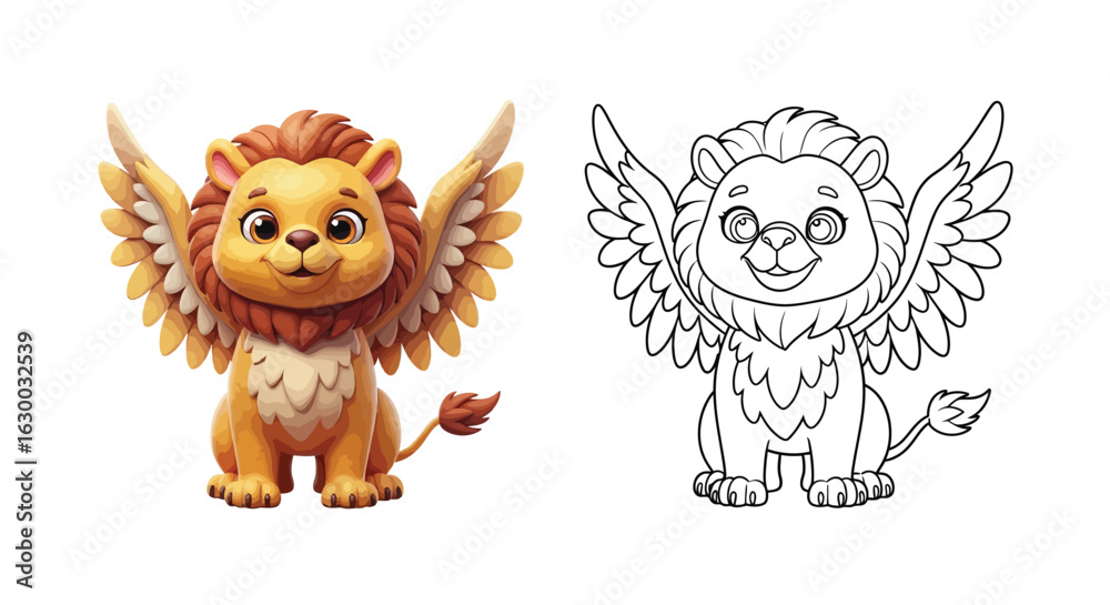 Obraz premium Funny Griffin Cartoon Character Coloring Page for Kids Mythical Creature Activity