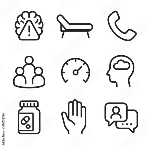 Mental Health Icon Set. Outline icon set of mental health distress: brain with exclamation, therapy couch, hotline phone, support