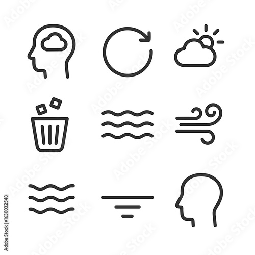 Mental Clarity Icons. Outline icon set of mental clarity: clear mind, reset symbol, fresh thought, declutter icon, wave flow, soft