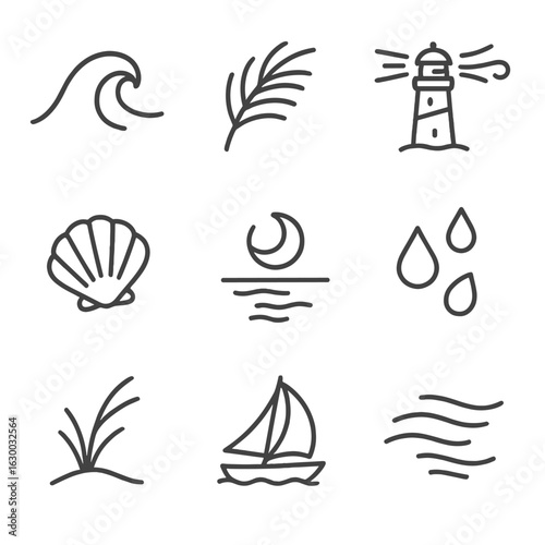 Coastal Night Breeze Icons. Outline icon set of coastal night breeze: rolling wave outline, palm frond sway, lighthouse beam in