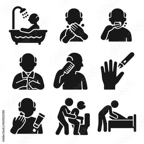 Elder Care Hygiene Icons. Solid, filled icons set of hygiene routines in elder care: bathing, hand washing,