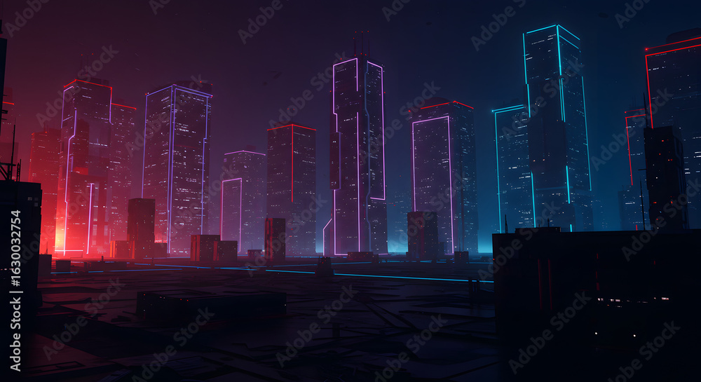 Obraz premium Neon city skyline cityscape futuristic architecture urban landscape glowing buildings vibrant colors night view