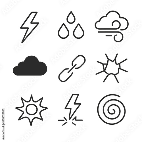 Mental Storm Icons. Outline icon set of mental storm elements: thunderbolt, rain drops, swirling wind, dark clouds, broken chain,