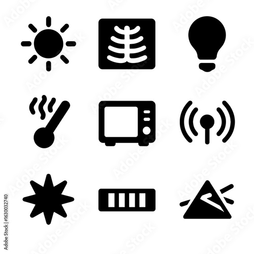 Electromagnetic Spectrum Icons. Solid, filled icons set of types of light detected: ultraviolet wave symbol, X