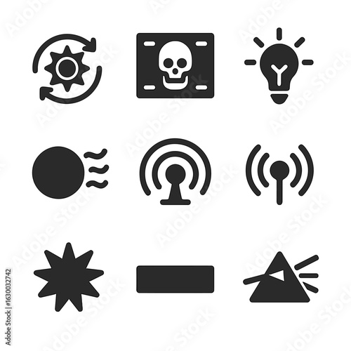 Electromagnetic Spectrum Icons. Solid, filled icons set of types of light detected: ultraviolet wave symbol, X