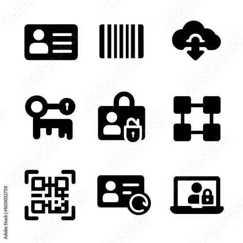 Electronic Product Icons. Solid, filled icons set of Electronic product passports: digital ID card, barcode,