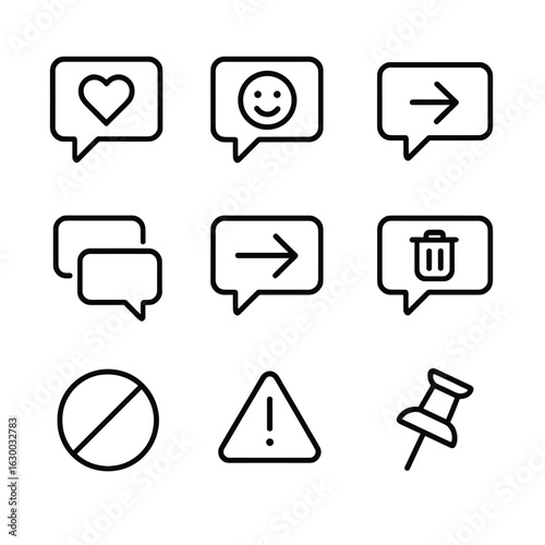 Message Icons Grid. Outline icon set of message interactions: like, react, reply, quote, forward, delete, block, report, pin