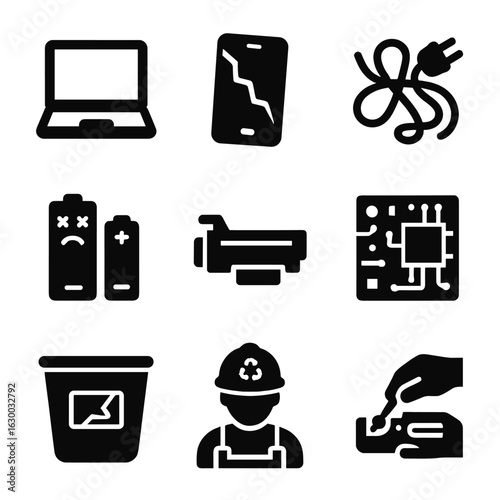 Electronic Waste Icons. Solid, filled icons set of electronic waste and recycling: old laptop, broken phone,