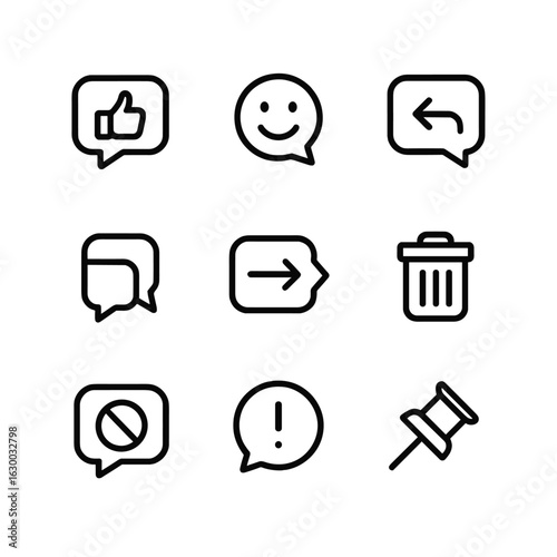 Message Icons Grid. Outline icon set of message interactions: like, react, reply, quote, forward, delete, block, report, pin
