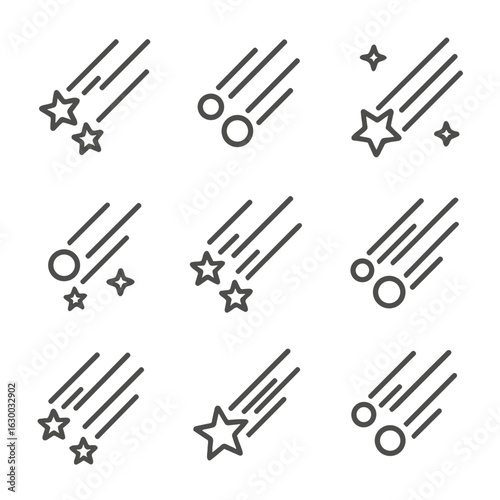 Meteor Shower Icons. Outline icon set of meteor showers: Perseids, Leonids, Geminids, Quadrantids, Lyrids, Orionids, Taurids,