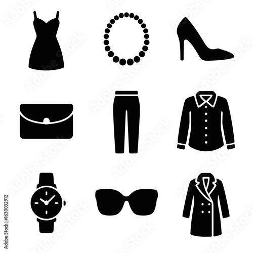 Elegant Wardrobe Icons. Solid, filled icons set of elegant wardrobe essentials: little black dress, pearl