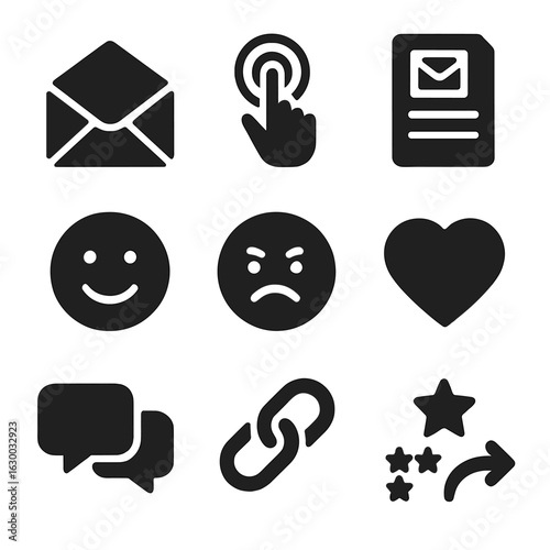 Email Engagement Icons. Solid, filled icons set of email and content engagement: open email icon,