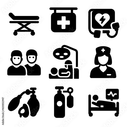 Emergency Care Icons. Solid, filled icons set of emergency hospital care: ambulance stretcher, emergency room