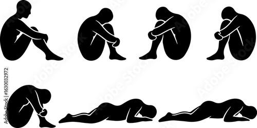 Vector art of silhouettes of people in sad and depressed poses, conveying negative emotions