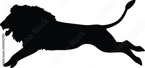 Vector art of silhouette of a majestic lion leaping forward powerfully a symbol of strength and agility in the african savanna