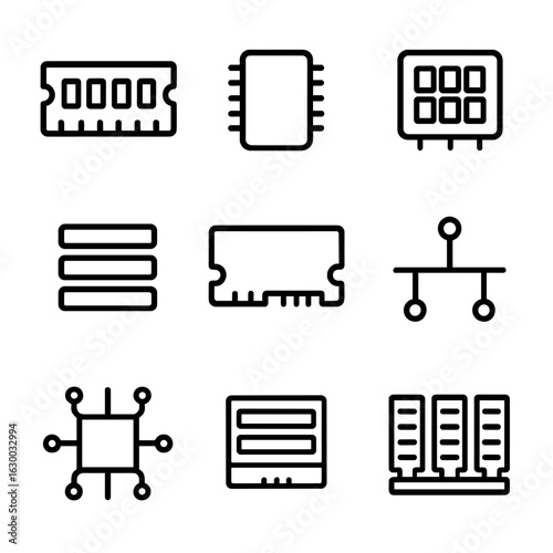 Digital Memory Icons. Outline icon set of digital memory components: RAM chip, ROM chip, CPU cache, register, virtual memory,