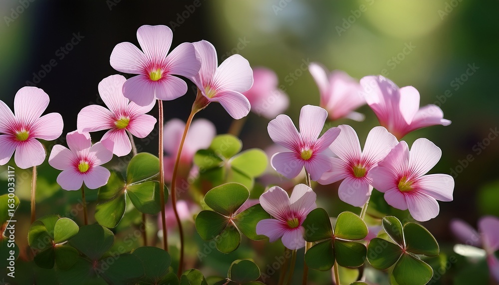Naklejka premium oxalis corymbosa flowers bloom in clusters their soft pink hues glowing amid lush foliage a common yet striking wildflower thriving outdoors in springtime light