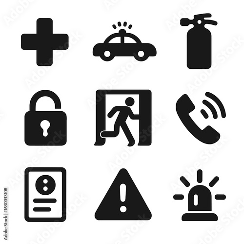 Emergency Icons Grid. Solid, filled icons set of border crossing emergency scenarios: medical aid, police car,