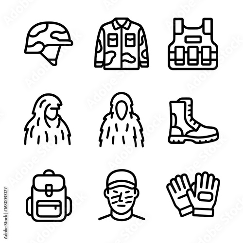 Military Gear Line Icons. Outline icon set of military camouflage gear: helmet, combat uniform, tactical vest, sniper suit,