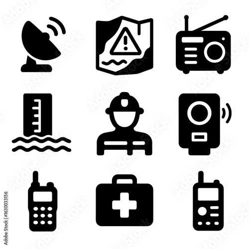 Emergency Preparedness Icons. Solid, filled icons set of Science in emergency preparedness: weather radar,