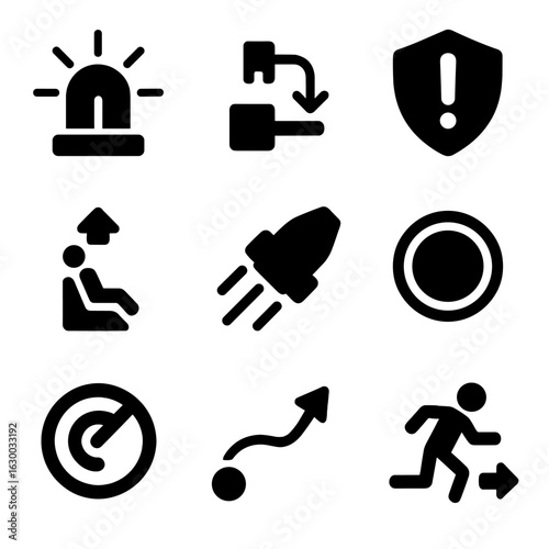 Emergency Protocol Icons. Solid, filled icons set of emergency undocking protocols: warning light, detachment