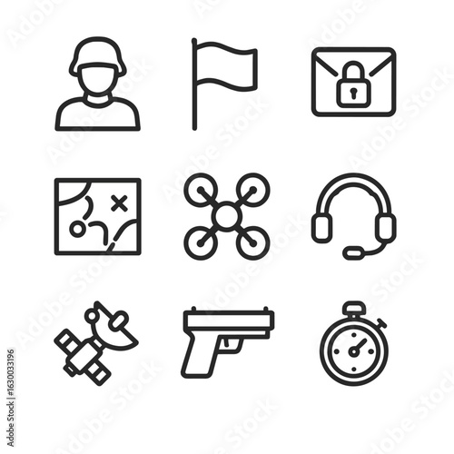 Military Icon Set. Outline icon set of military mission brief: soldier silhouette, command flag, encrypted message, tactical map,