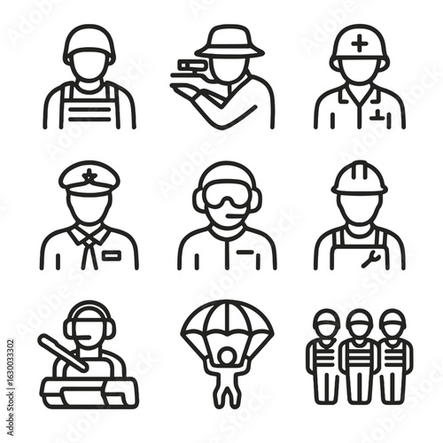 Military Icons Grid. Outline icon set of soldiers and personnel: soldier, sniper, medic, commander, pilot, engineer, tank operator
