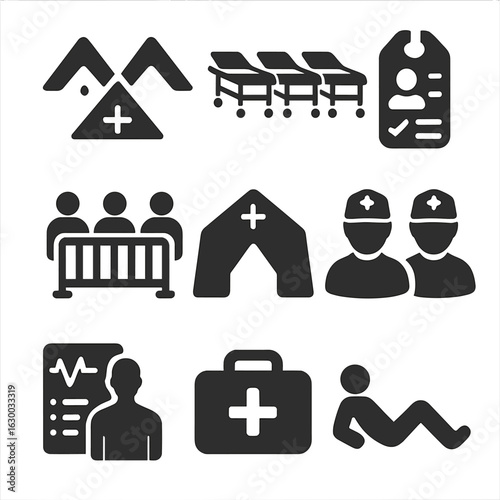 Emergency Response Icons. Solid, filled icons set of mass casualty response setup: emergency triage zones,