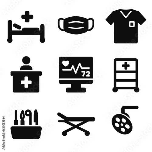 Emergency Room Icons. Solid, filled icons set of emergency room readiness: ER bed, surgical mask, scrubs icon,