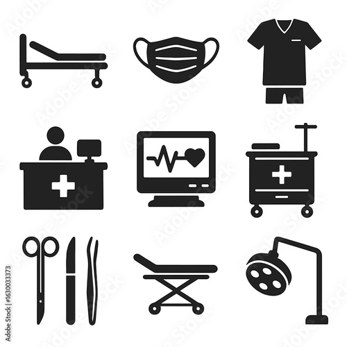 Emergency Room Icons. Solid, filled icons set of emergency room readiness: ER bed, surgical mask, scrubs icon,