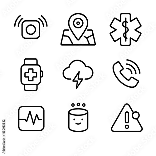 Emergency Systems Icons. Outline icon set of emergency smart systems: panic button, GPS tracker, medical alert