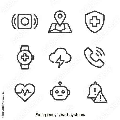 Emergency Systems Icons. Outline icon set of emergency smart systems: panic button, GPS tracker, medical alert