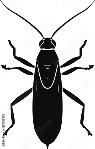 Vector art of silhouette vector illustration of a black bug or insect with long antennae and six legs on a light background